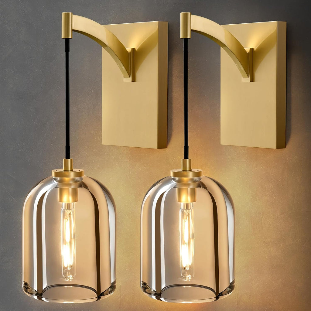 Crystal Brass Hemisphere Wall Sconce - Set of 2 Gold Brushed Dimmable Sconces with Bulbs - Luxury Indoor Lighting Fixture - Modern Hanging Light Decor for Bedroom Living Room Bathroom Vanity Hallway