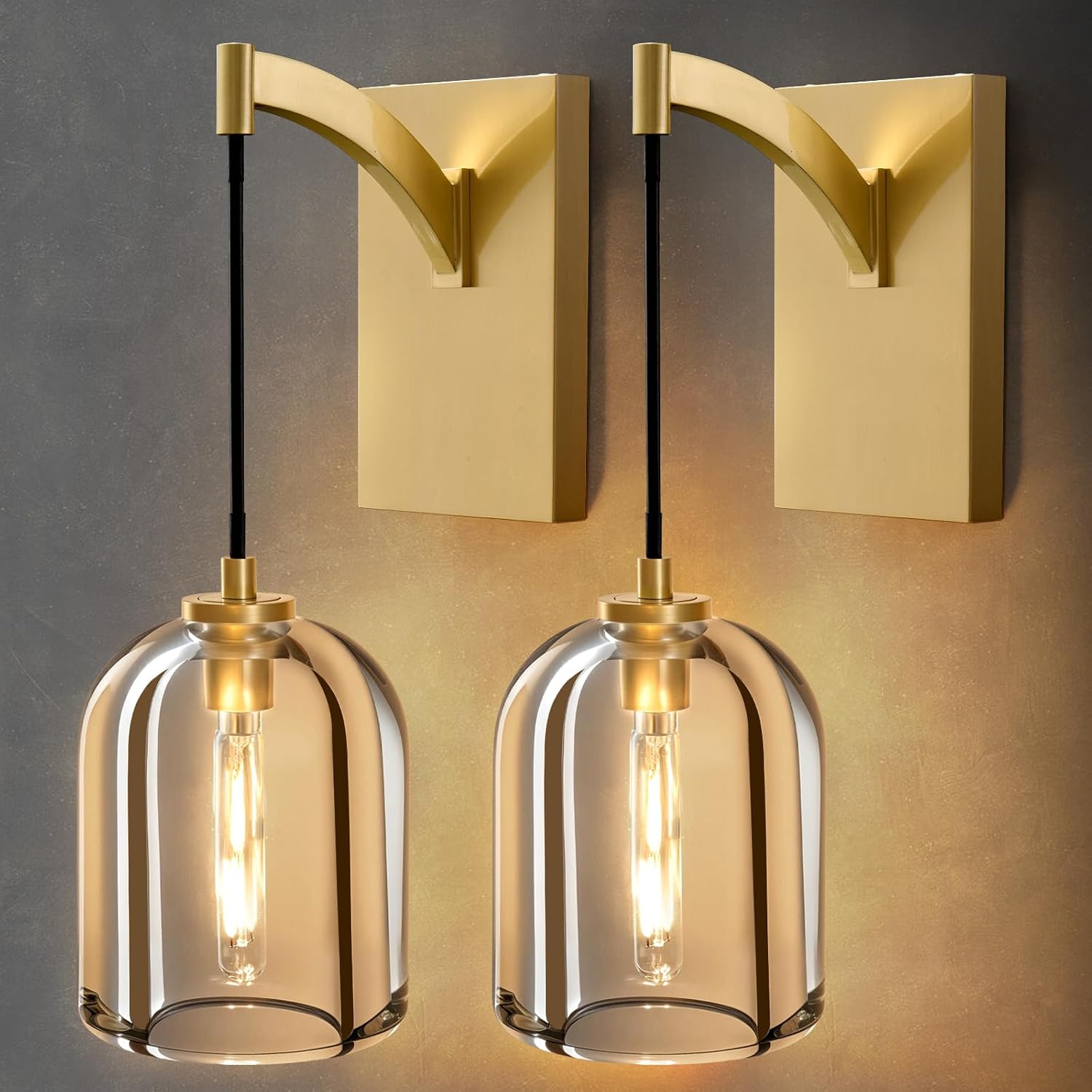 Crystal Brass Hemisphere Wall Sconce - Set of 2 Gold Brushed Dimmable Sconces with Bulbs - Luxury Indoor Lighting Fixture - Modern Hanging Light Decor for Bedroom Living Room Bathroom Vanity Hallway