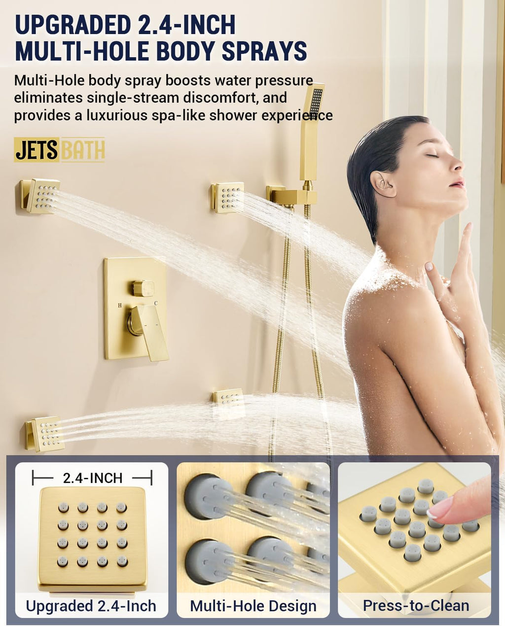 Dual Rainfall Head Shower System with 4 Body Jets, JetsBath Shower Faucet Set Double Shower Head 6-Inch Shower & 12' Rain Shower, Luxury Brushed Gold Shower Faucet Set Tandem Shower Head System