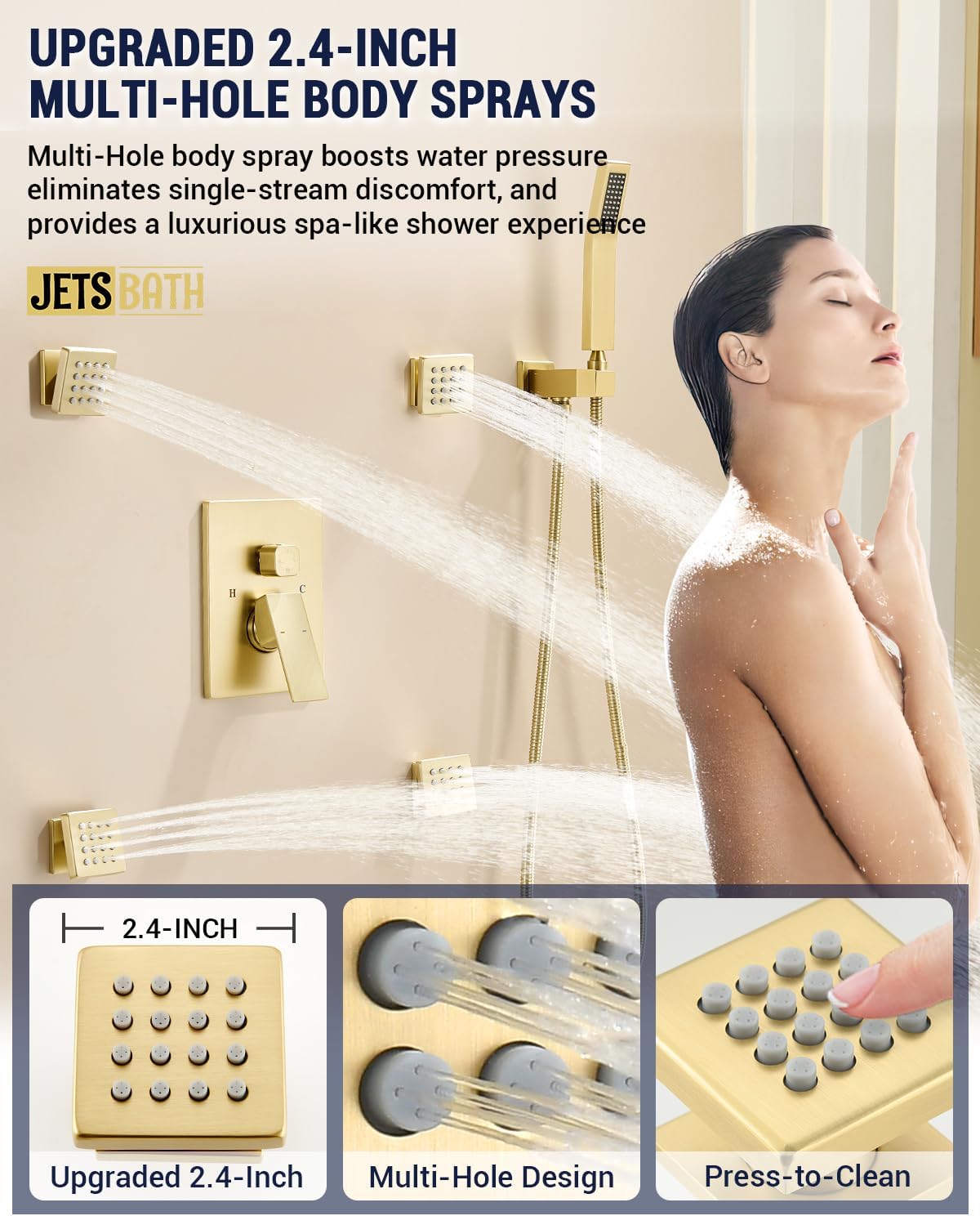 Dual Rainfall Head Shower System with 4 Body Jets, JetsBath Shower Faucet Set Double Shower Head 6-Inch Shower & 12' Rain Shower, Luxury Brushed Gold Shower Faucet Set Tandem Shower Head System