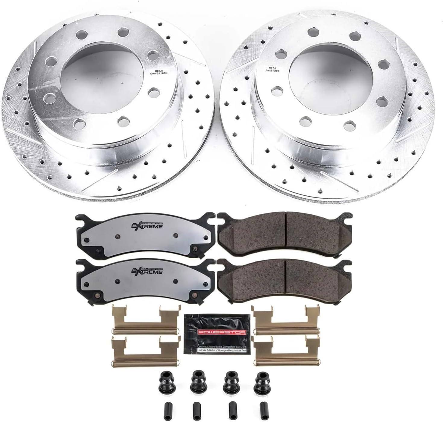 PowerStop Rear Brake Kit For Chevy Avalanche 2500 2002-06 |Silverado 2500 HD 2001-10 |GMC Yukon XL 2500 2000-13 -Truck & Tow Carbon Fiber Ceramic Brake Pads+Drilled & Slotted Rotors Upgrade, K2041-36