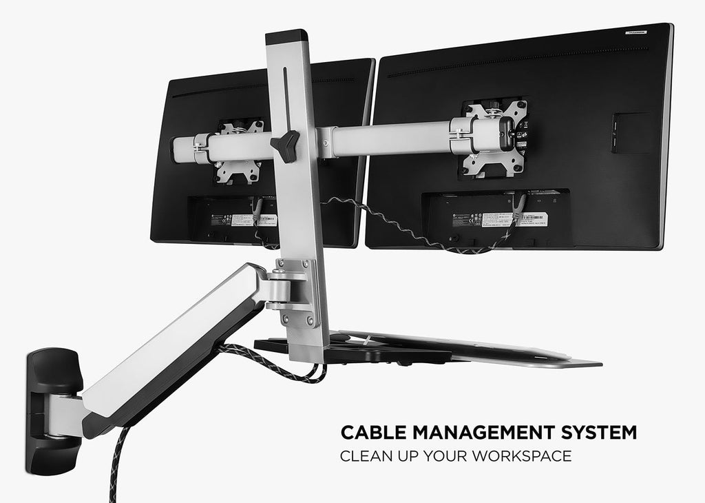 Mount-It! Dual Monitor Wall Mount Workstation with Keyboard Tray & CPU Holder, Sit-Stand Gas Spring Computer Station, Fits Two 27' Displays, 17.6 lbs Each, VESA 75x75 100x100