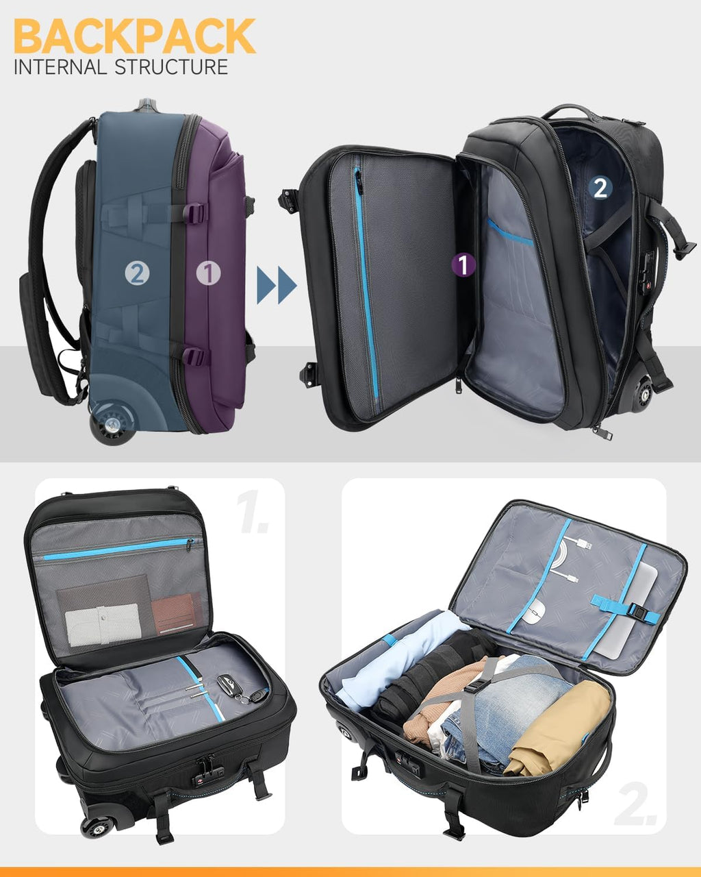Backpack with wheels,Rolling laptop backpack with 2 Packing Cubes,Water-Resistant,Wheeled backpack Suitcase for Men Adults to Travel, Commuting,Black