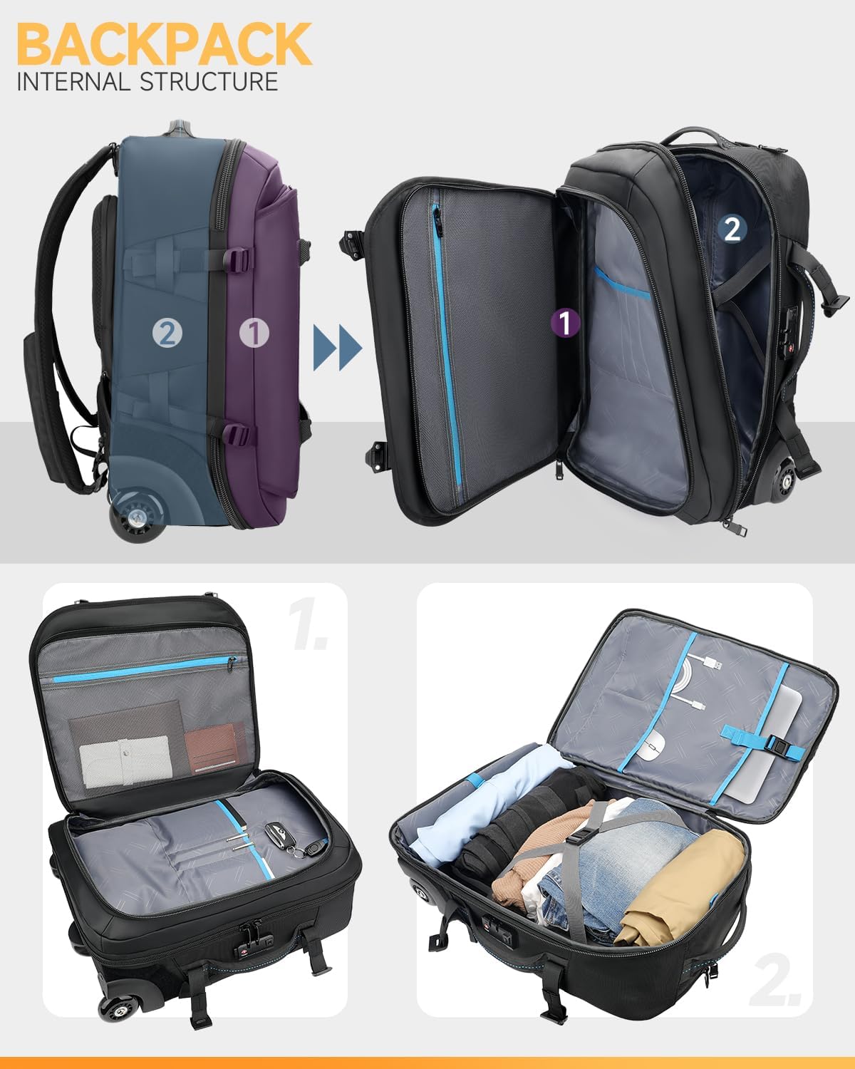 Backpack with wheels,Rolling laptop backpack with 2 Packing Cubes,Water-Resistant,Wheeled backpack Suitcase for Men Adults to Travel, Commuting,Black