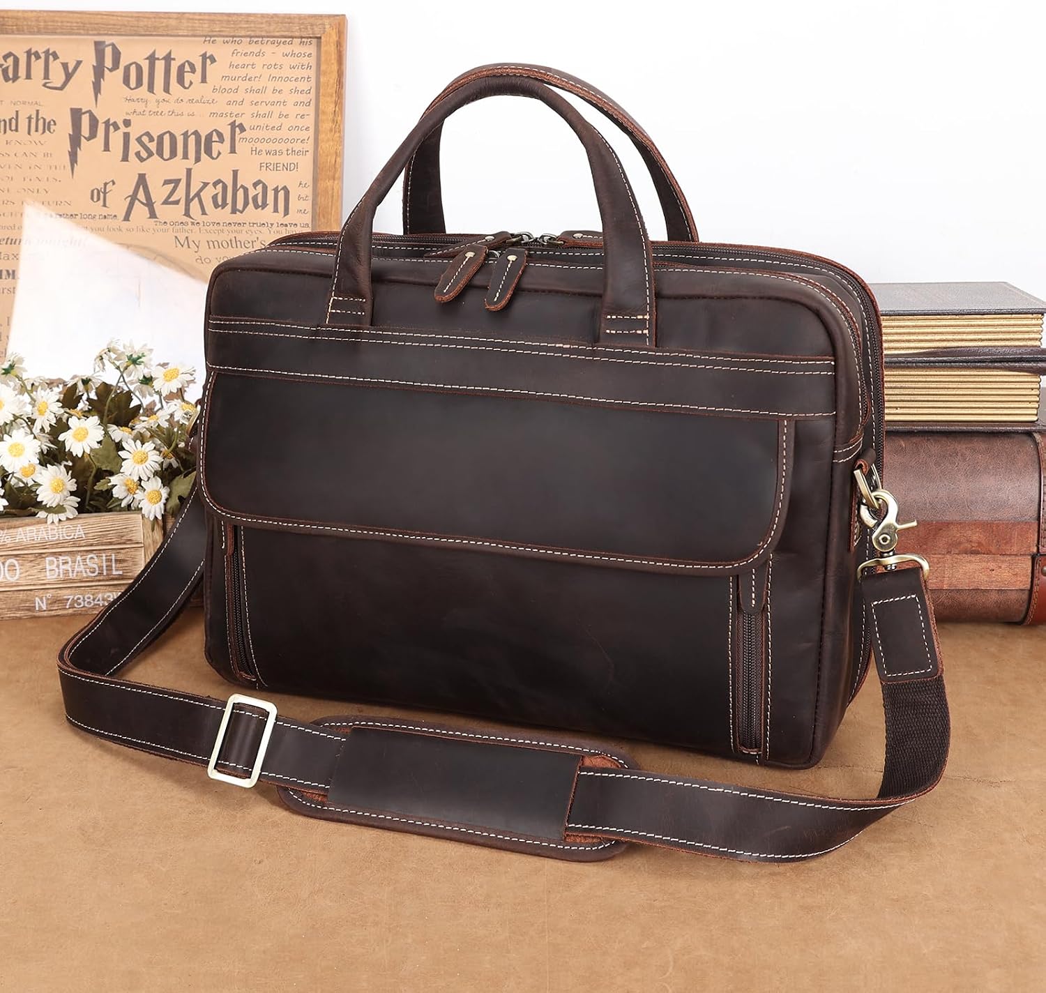 Masa Kawa Leather Briefcase for Men 15.6', 17' Laptop Computer Case Business Travel Work Messenger Cross Body Shoulder Bag