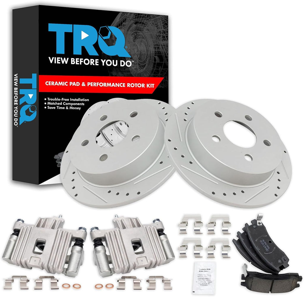 TRQ Performance Rear Brake Pad and Rotor Set Ceramic Solid Rotors Calipers Compatible with 1999-2004 Oldsmobile Alero 1999-2005 Pontiac Grand Am