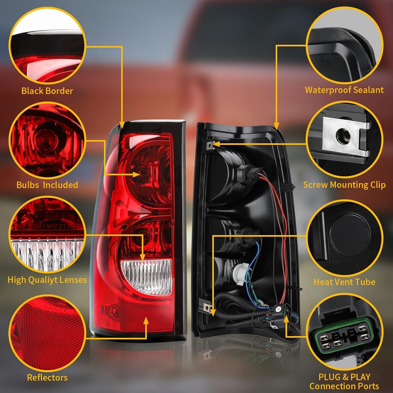 Headlights and Taillights Assembly Combo Kits for 2003-2006 Chevy Silverado 1500 2500 3500 & 2007 Chevy Silverado Classic Head Lamps/Red Rear Tail Brake Signal Lights Replacement (LH RH),Black Amber