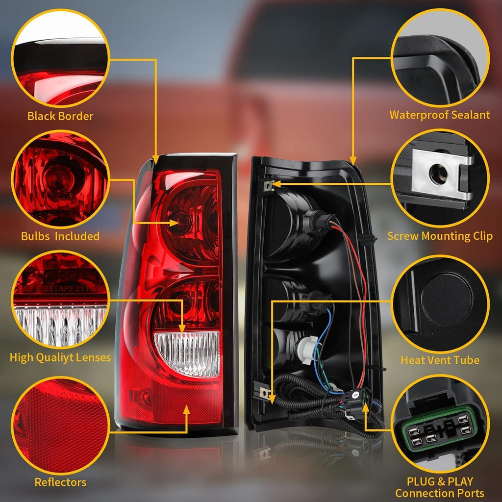 Headlights and Taillights Assembly Combo Kits for 2003-2006 Chevy Silverado 1500 2500 3500 & 2007 Chevy Silverado Classic Head Lamps/Red Rear Tail Brake Signal Lights Replacement (LH RH),Chrome Clear