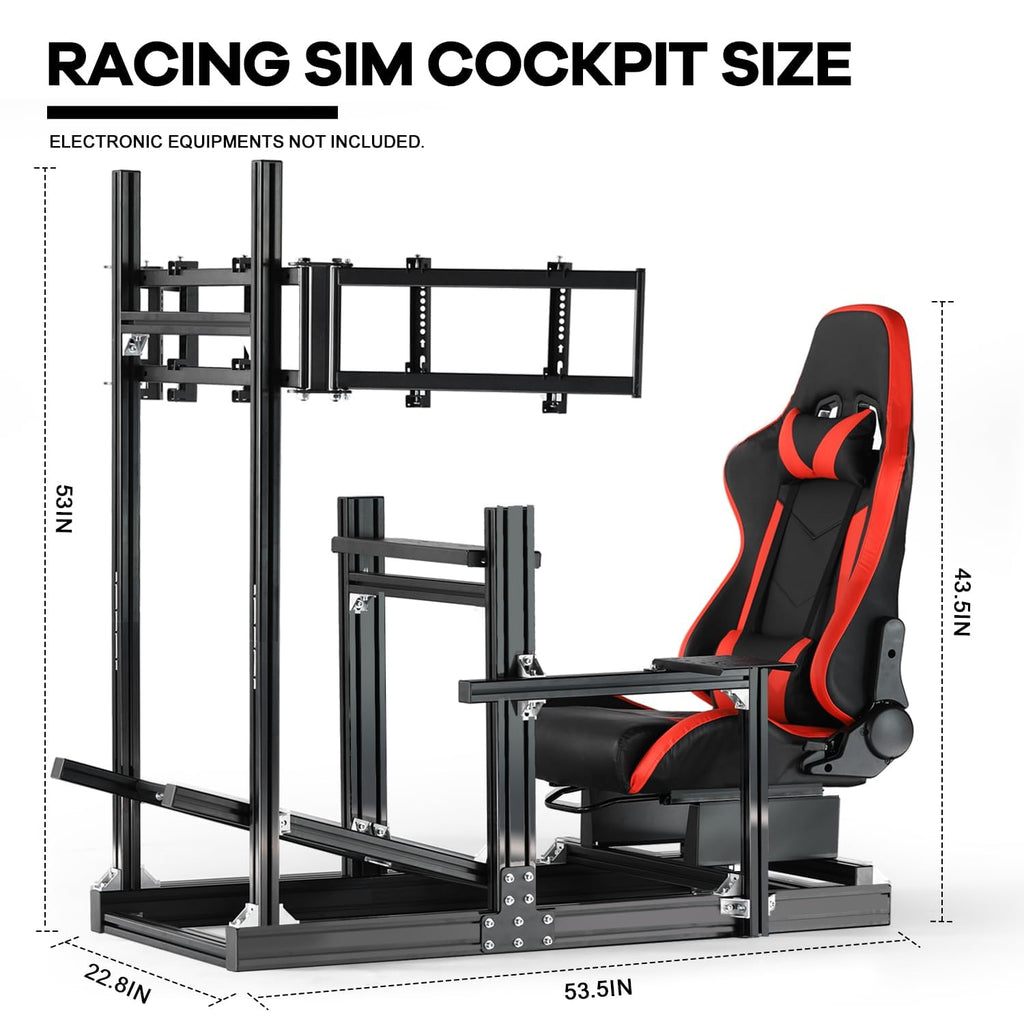 Anman 8040 Aluminum Profile Racing Simulator Cockpit with Triple Monitor Mount and Red Seat,Fit for Logitech, for Thrustmaster,for Moza Direct Drive Steering Wheel Cockpit Excluding electronic devices