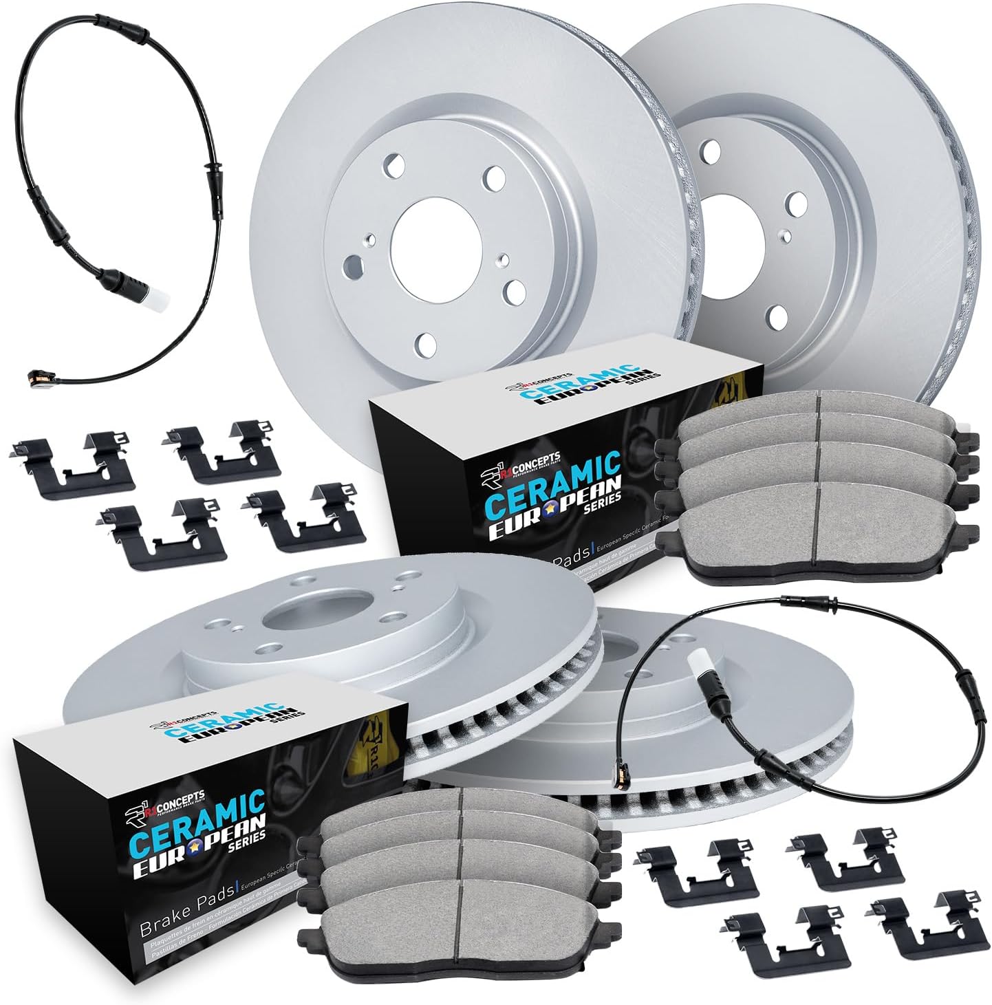 R1 Concepts Front and Rear Brake Kit Fits 2015-2023 Mercedes-Benz C300| Euro Ceramic Pads, Blank Rotors| Hardware| 13.0' Front & 11.8' Rear