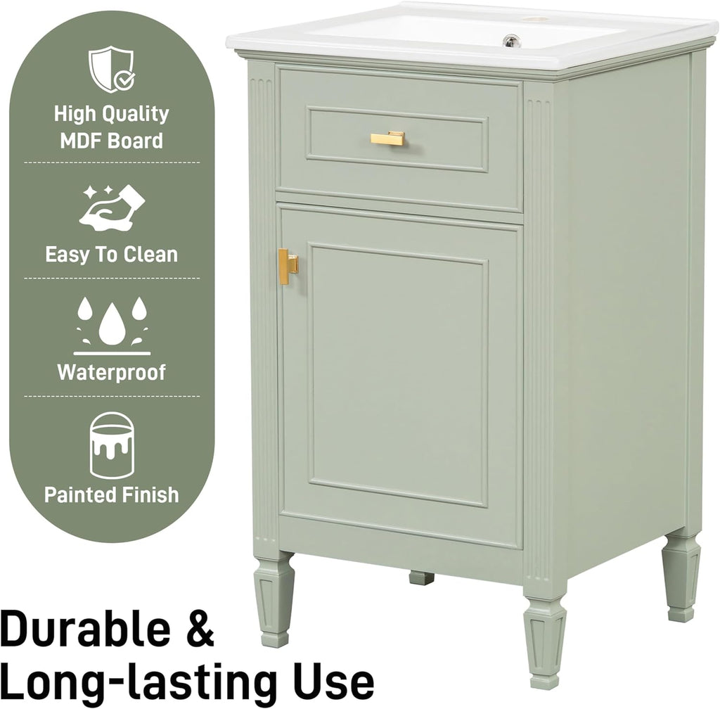 20 Inch Freestanding Bathroom Vanity with Ceramic Sink Set Combo Tip Out Drawer 1 Cabinet Door Shelf Modern Style Painted Gold-Tone Handle for Modern Small Bathroom Limited Space Green