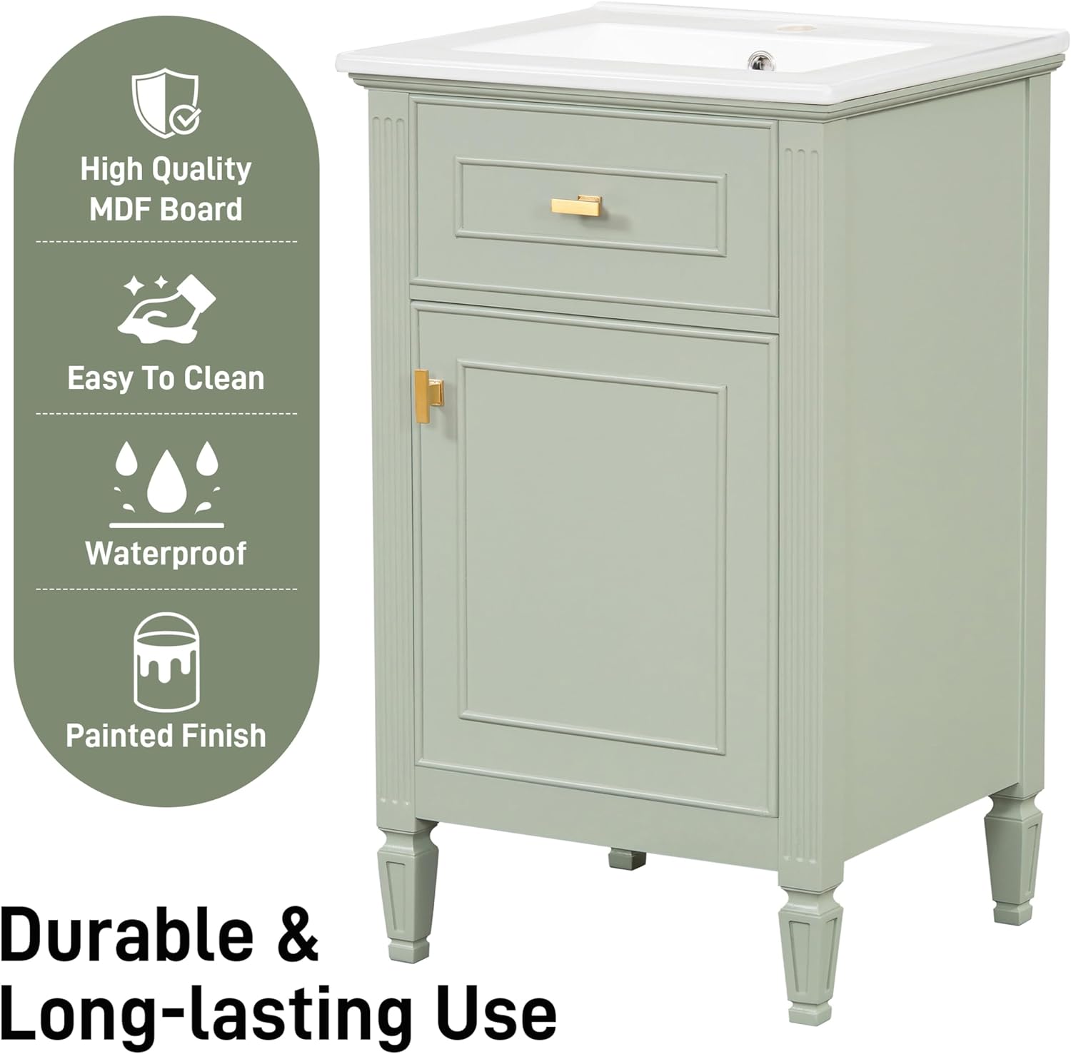 20 Inch Freestanding Bathroom Vanity with Ceramic Sink Set Combo Tip Out Drawer 1 Cabinet Door Shelf Modern Style Painted Gold-Tone Handle for Modern Small Bathroom Limited Space Green