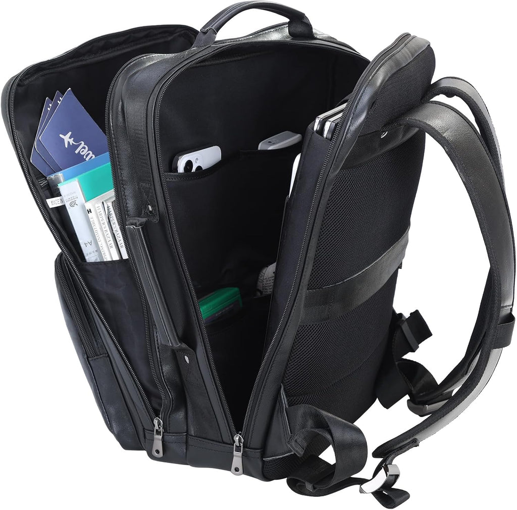 TIDING 17.3' Leather Laptop Backpack for Men Multi Pockets Casual Daypack Business Travel Rucksack, Black