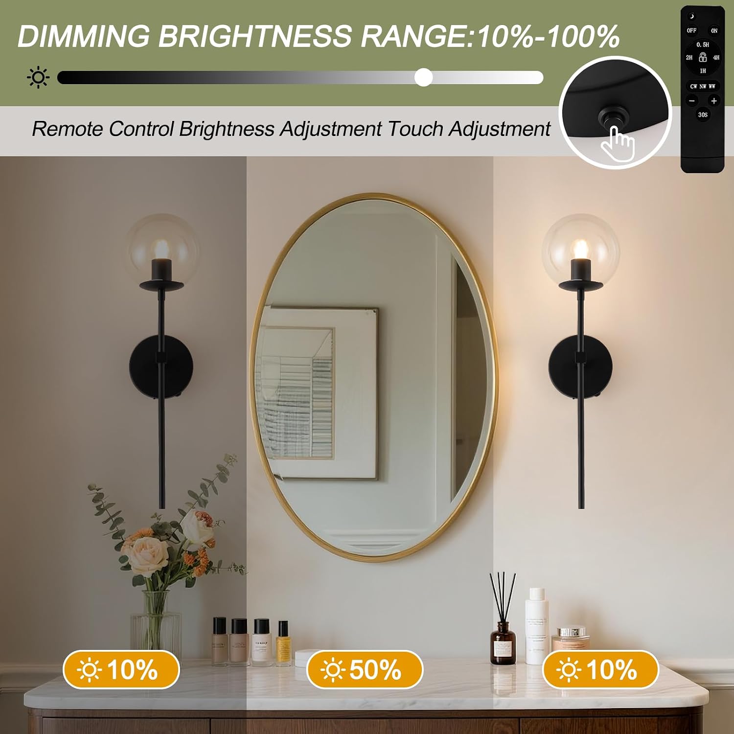 Black Battery Operated wall Sconce Set of 2 Glass Globe 3000~6000K Rechargeable Wall Light Fixture Wireless Wall Lights with Clear Glass Shade for Living Room, Hallway, Bedroom(2 Pack)