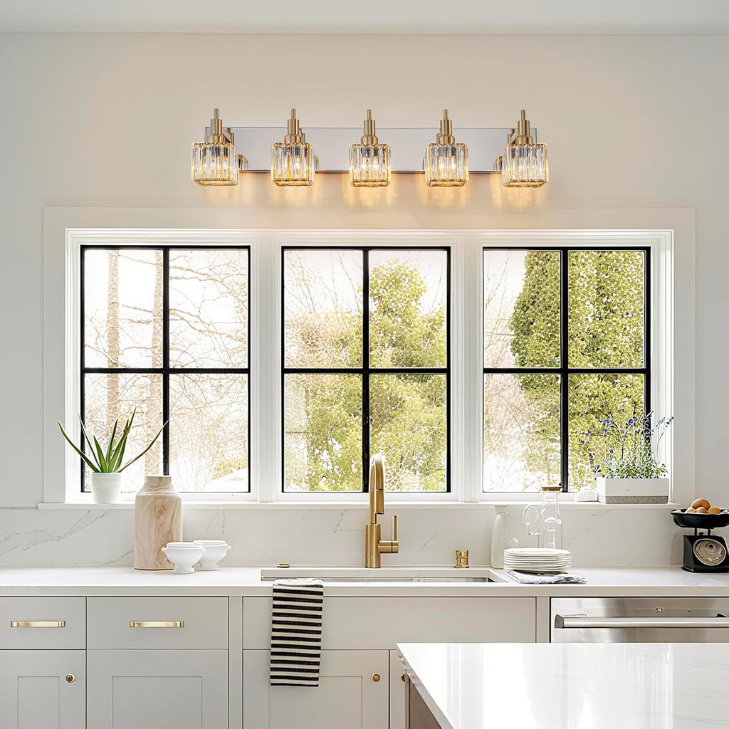 Crystal Bathroom Light Gold Chrome 5-Light Modern Bathroom Vanity Fixtures Over Mirror Square Wall Sconce