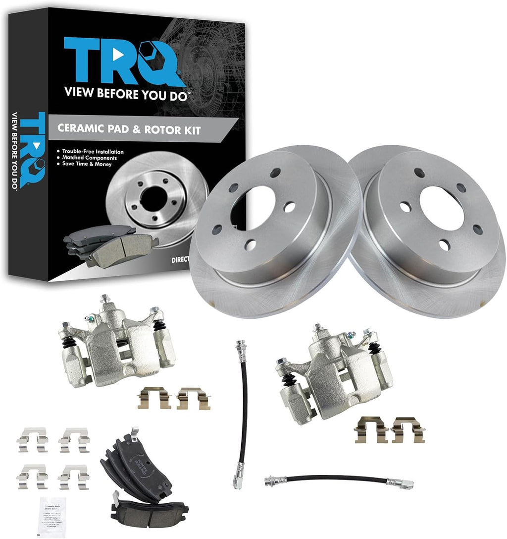 TRQ Rear Brake Pad and Rotor Set Ceramic Rotors Calipers Hoses Compatible with 2000-2005 Chevrolet Impala Monte Carlo 1999-2004 Buick Regal 1999-2002 Oldsmobile Intrigue 1999-2003 Pontiac Grand Prix