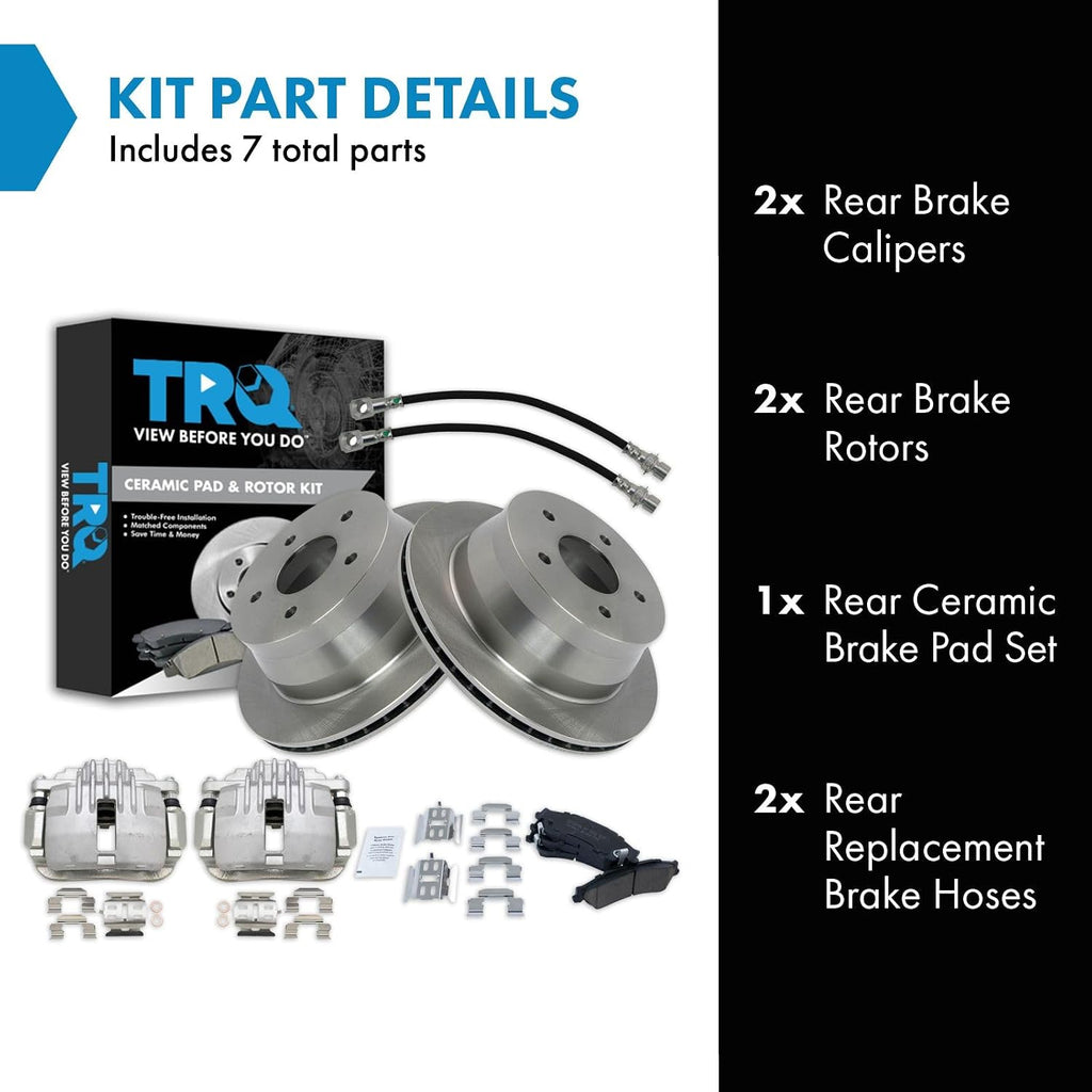 TRQ Rear Brake Pad and Rotor Set Ceramic Rotors Calipers Hoses Compatible with 1998-2002 Chevrolet Blazer 1998-2001 GMC Jimmy