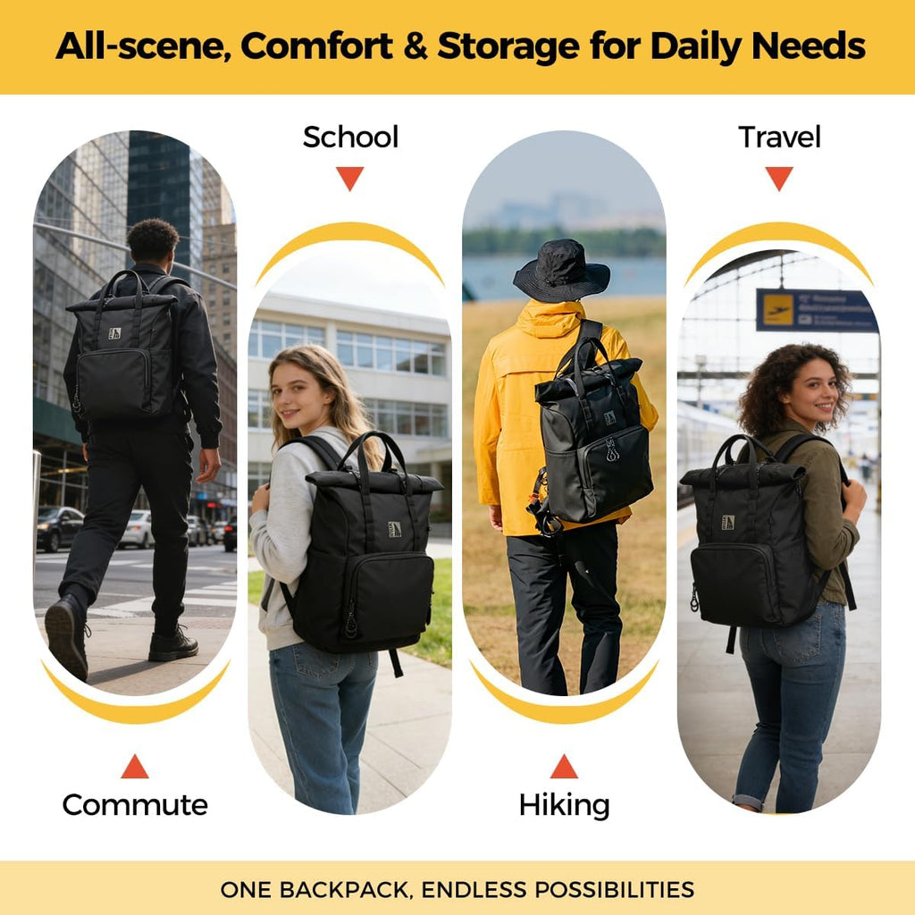 INUK 38L Travel Backpack for Men & Women, Water Resistant Laptop Backpack Hiking Daypack, Eco Friendly Made from 32 Recycled Plastic Bottles with Safety Whistle & Fidlock Magnetic Buckle, Black