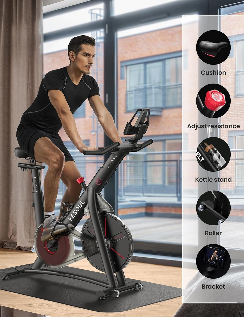 Yesoul Black Exercise Bike for Home, Low Noise Indoor Cycling Bike for Home Gym Electric Stationary Bike with Tablet Mount & Comfortable Seat Cushion for Women Apartment Workout Bike for Fitness