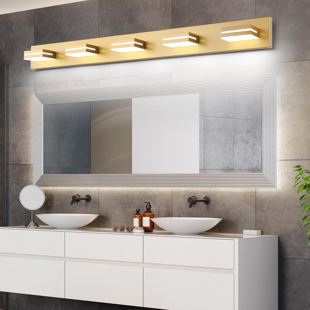 SineRise LED Modern Bathroom Vanity Light Fixtures (6-Light, 48-Inch), Matte Gold Modern Acrylic Bathroom Wall Lighting Fixtures Over Mirror (Cool White 6000K)