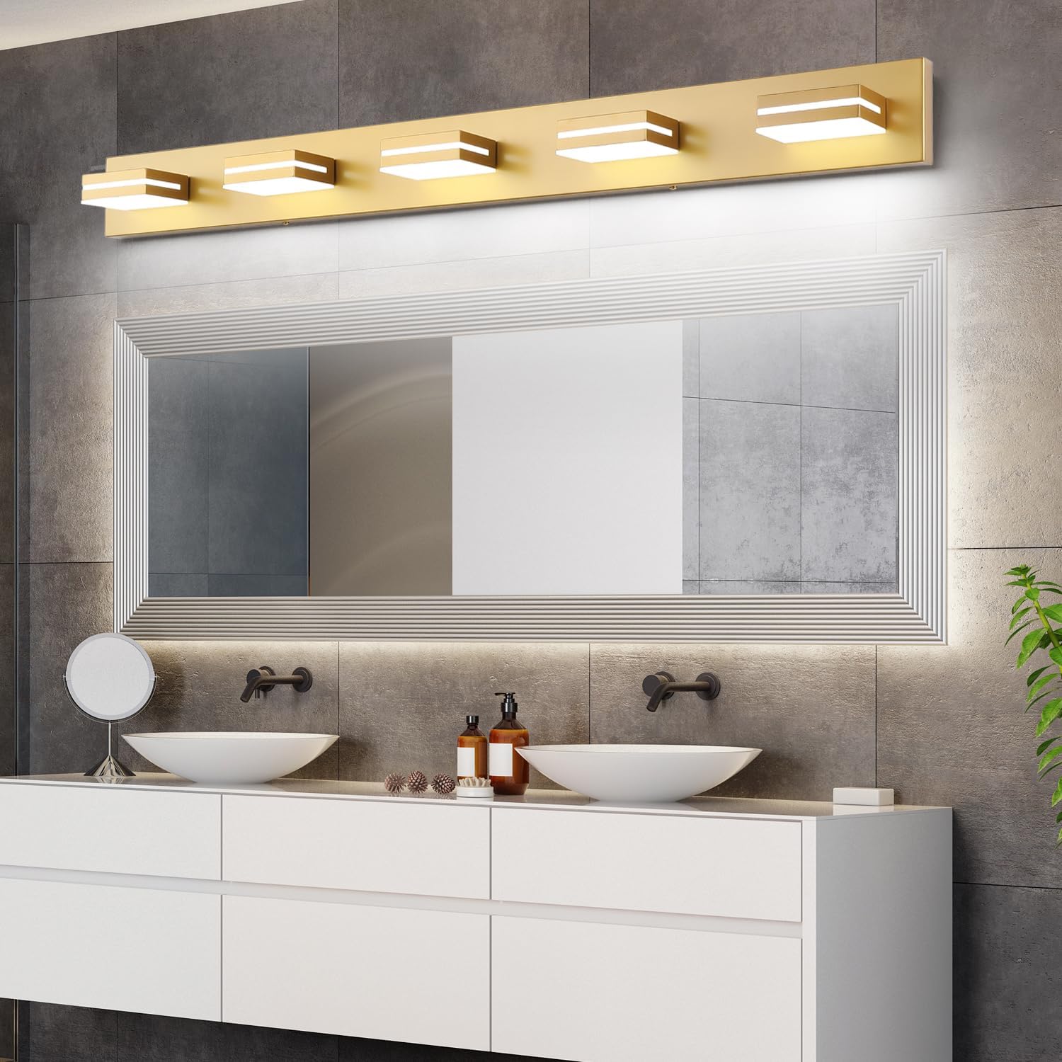 SineRise LED Modern Bathroom Vanity Light Fixtures (6-Light, 48-Inch), Matte Gold Modern Acrylic Bathroom Wall Lighting Fixtures Over Mirror (Cool White 6000K)