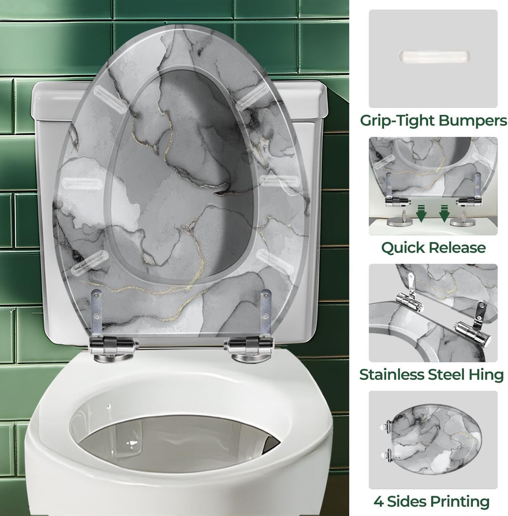 Elongated Toilet Seat Grey Marble Watercolor Stone Silver Alcohol Ink Gold Marble Resin Toilet Seat with Quietly Close Quick Release Hinges Decorative Toilet Seat with Cover Easy to Clean and Install