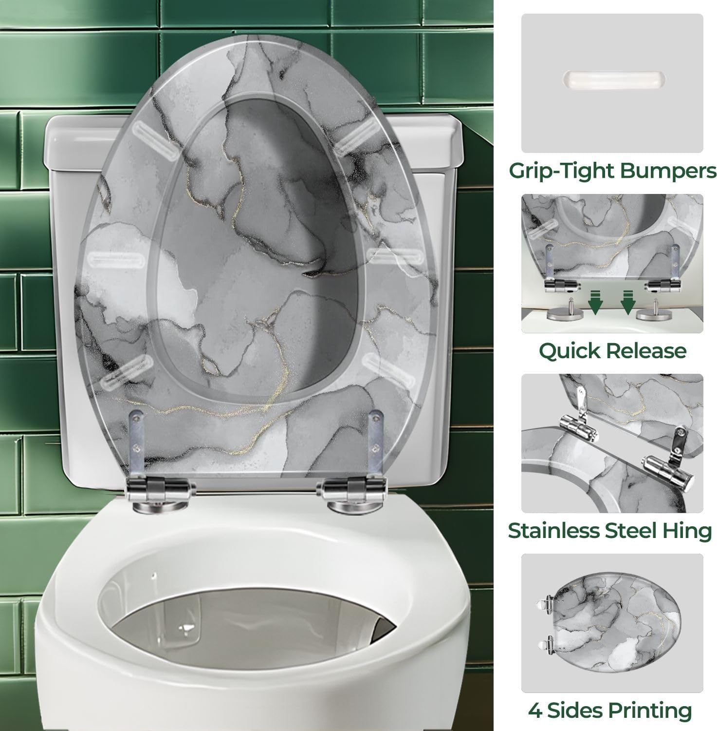 Elongated Toilet Seat Grey Marble Watercolor Stone Silver Alcohol Ink Gold Marble Resin Toilet Seat with Quietly Close Quick Release Hinges Decorative Toilet Seat with Cover Easy to Clean and Install