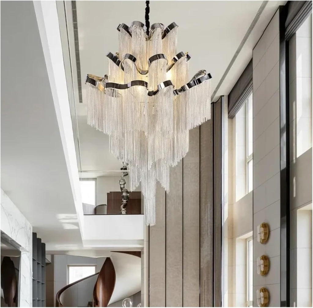 Modern Luxury Silver Gold Aluminium Chain LED Pendant Lamp Stair Pendant Hanging Light for Home Hotel Tassel Chandelier,Dining Light Fixtures