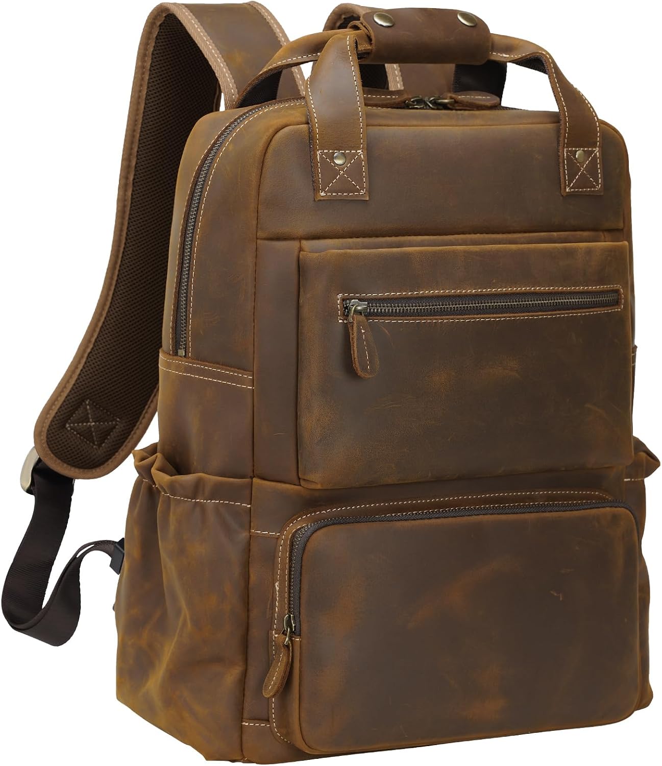 TIDING Brown Leather Laptop Backpack for Men, Vintage Business Casual Daypack Fits 15.6' 16' Computer, Large Weekender Travel Back Pack