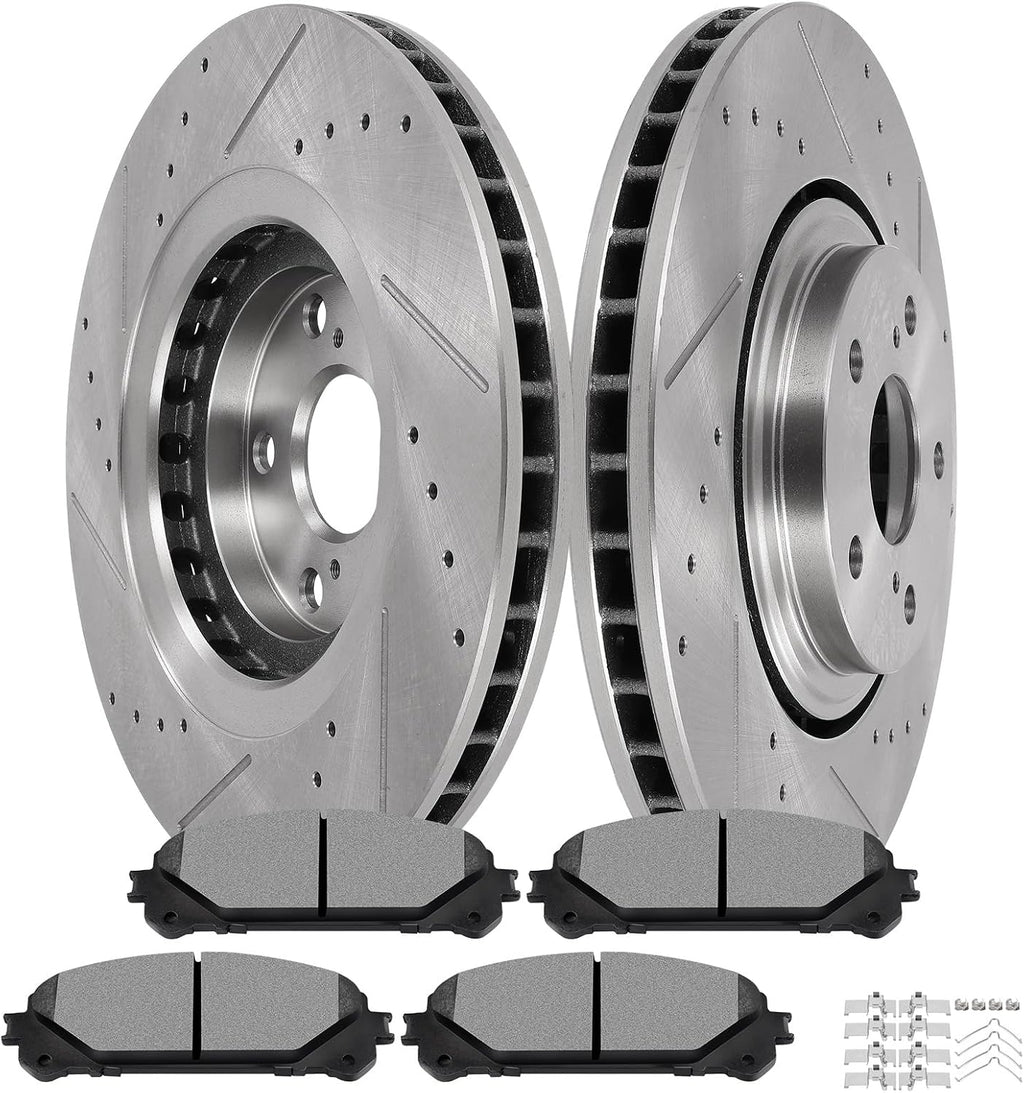 SCITOO Brake Kits For Lexus For NX200t For NX300 For NX300h For RX350 For RX450h,For Toyota For Highlander For Sienna Front Drilled & Slotted Disc Brakes Rotors and Ceramic Brake Pads 31511;D1324