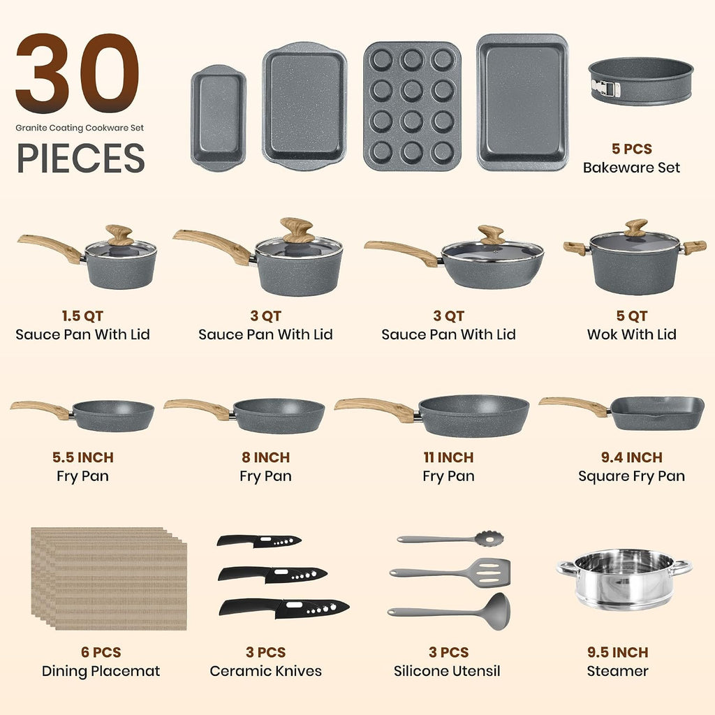 Kitchen Academy Induction Cookware & Bakeware Set - 30 Piece Grey Granite Cooking Pans Set, Non Toxic Pots and Pans Set Non Stick