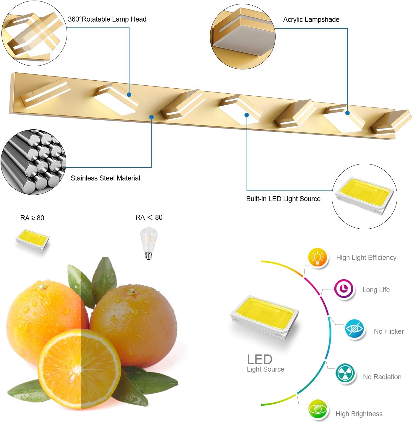 SineRise LED Modern Bathroom Vanity Light Fixtures (7-Light, 55-Inch), Gold Modern Acrylic Bathroom Wall Lighting Fixtures Over Mirror (Cool White 6000K)