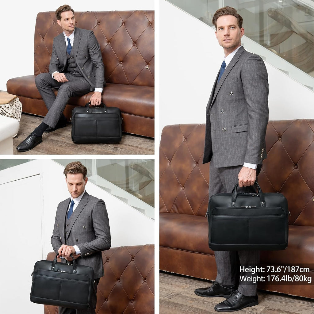 Masa Kawa Leather Briefcase for Men 17/15.6' Laptop Crossbody Shoulder Messenger Bag Business Travel Work Attache Case