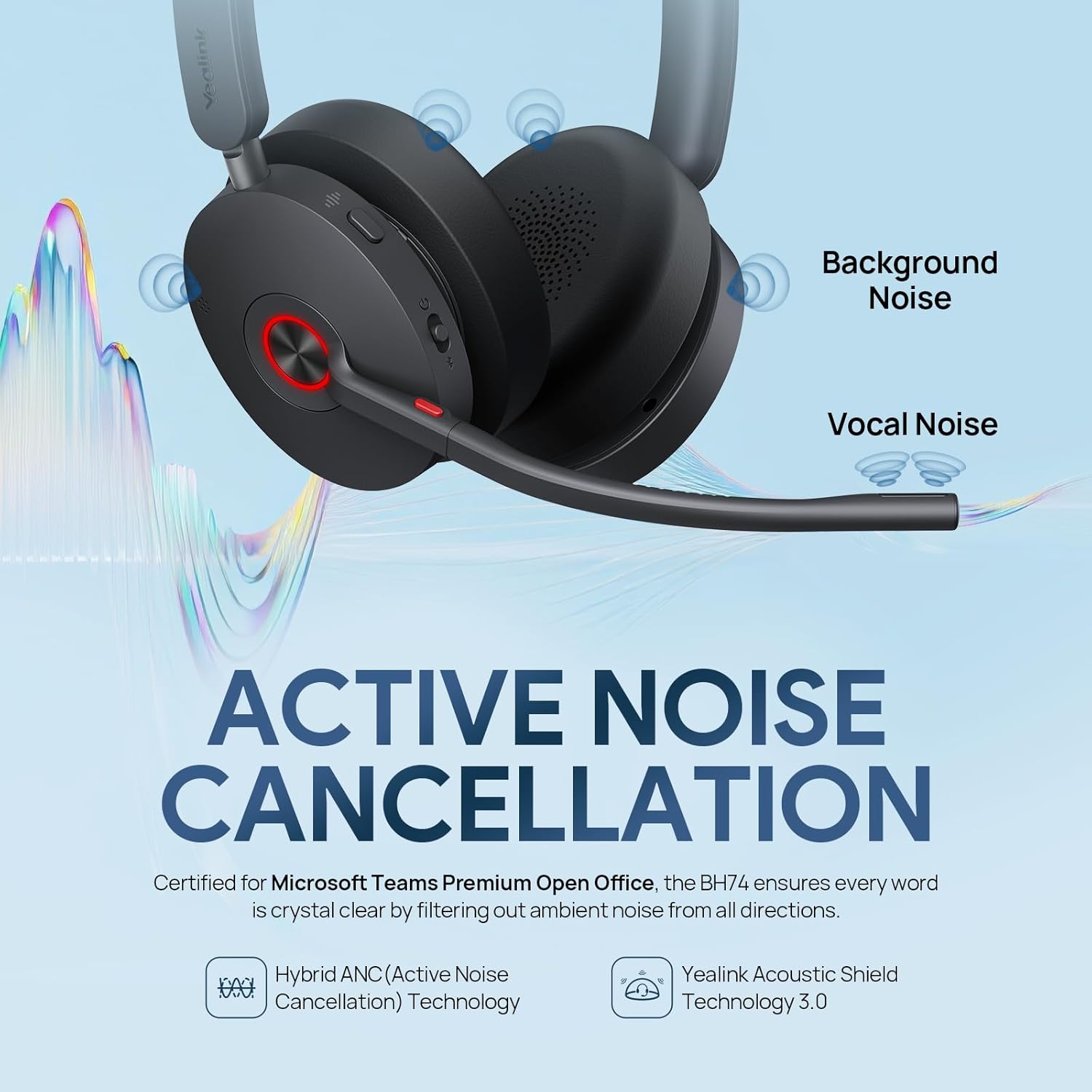 Yealink BH74 UC ANC Bluetooth Headset with Microphone for Hybrid Work, Microsoft Teams Premium Open Ofﬁce Certified Headsets with 6-mics Active Noise Cancellation, Zoom Certified, 65H, Charging Stand