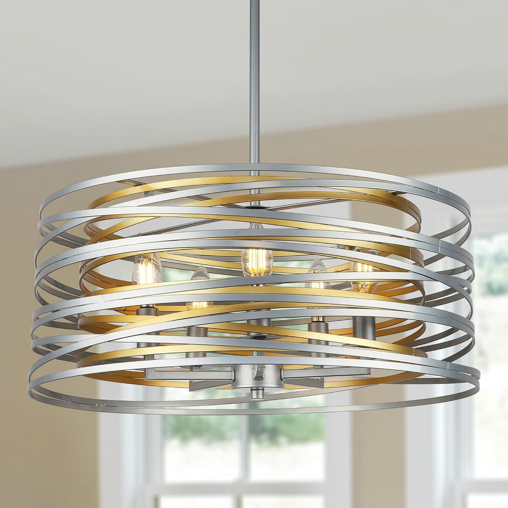 ACNKTZ 19.7'' Double Round Metal Chandelier, 5-Light Modern Farmhouse Dining Room Lights Over Table, Gold Chandelier for Hallway Kitchen Island Entryway Stairwell, Silver with Gold Interior