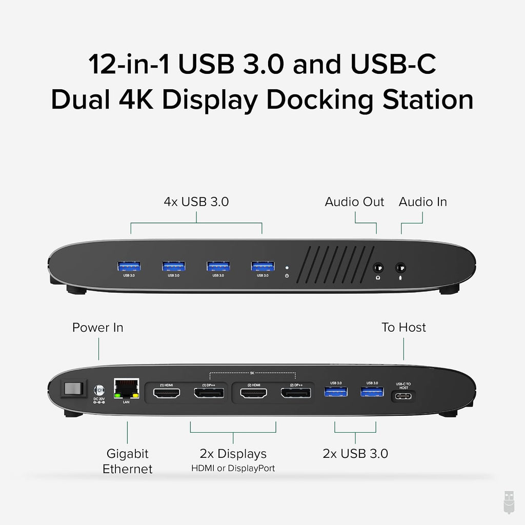 Plugable Universal Laptop Docking Station, 4K Dual Monitor, DisplayPort or HDMI, Windows Mac or ChromeOS Laptops, USB-C or USB 3.0, Adds 2 Displays, Ethernet, Audio, 6 USB Ports