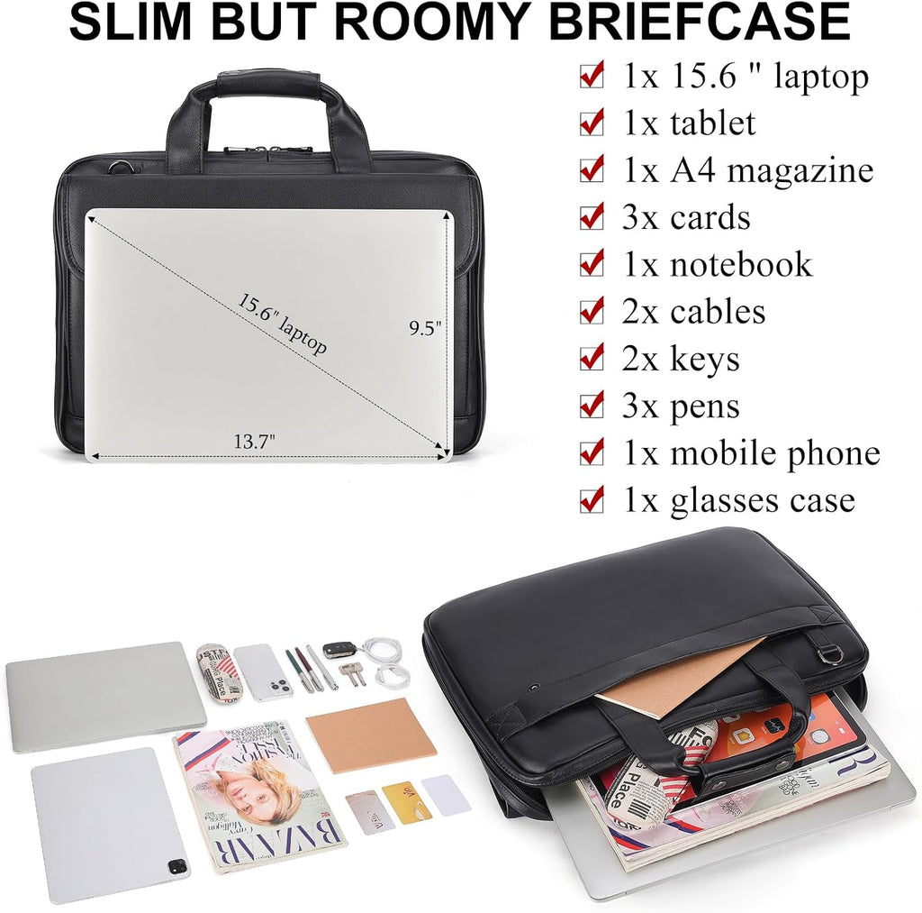 Masa Kawa Leather Briefcase for Men Slim 15.6' Laptop Bag Waterproof Crossbody Shoulder Messenger Computer Attache Case for Business Work, Black