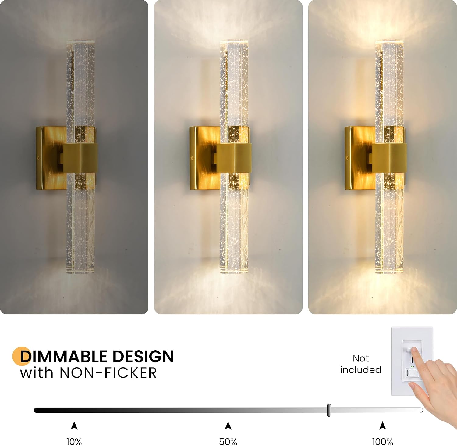 Epinl Gold Wall Sconces Set of Two - Bathroom Sconces Wall Lighting 14W Dimmable LED Crystal Wall Light with Bubble Glass 15.7inch Indoor Vanity Lights for Bathroom Hallway Bedroom (2 Pack)
