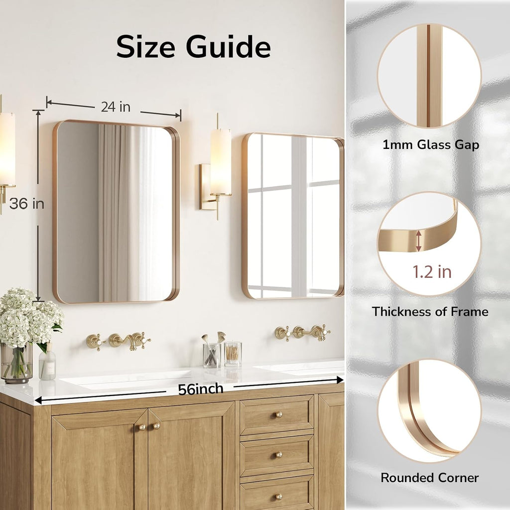 USHOWER Gold Bathroom Mirrors 24'x36' 2 Pack, Brushed Champagne Gold Rectangle Mirrors for Over Sink, Aluminum Frame, Anti-Rust, Tempered Glass, Horizontal or Vertical Mounted