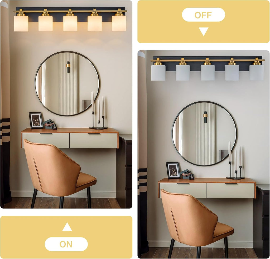 Modern Bathroom Light Fixtures Over Mirror, Vanity Lights for Bathroom Wall Sconces with Milky White Glass Shades, E26 Socket (Bulbs Not Included), 5 Light, Black Gold