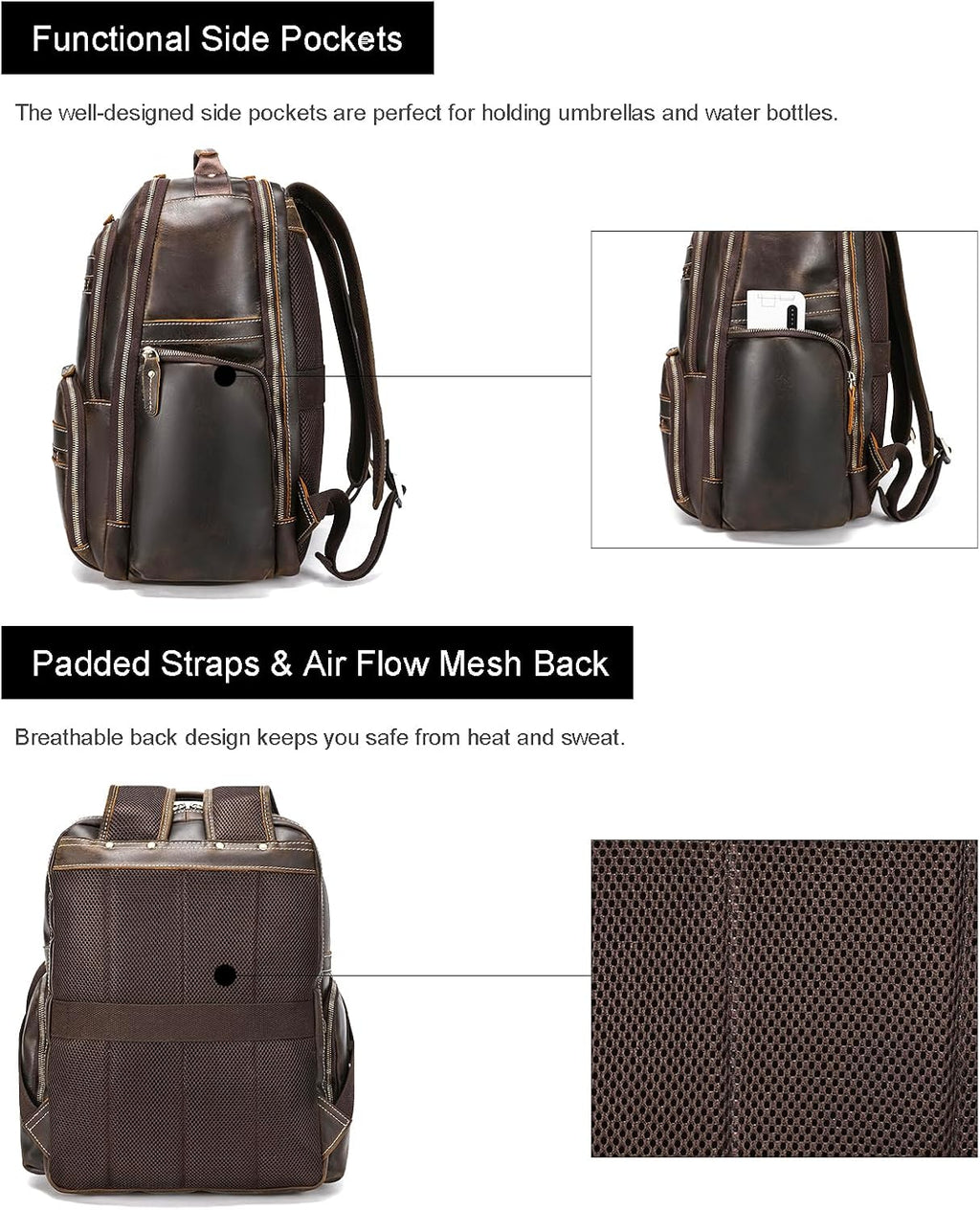 LANNSYNE Vintage Mens Full Grain Leather Backpack Fits 17.3 Inch Laptop, Large Casual Rucksack Shoulder Bag For Travel/Camping/Hiking-Brown