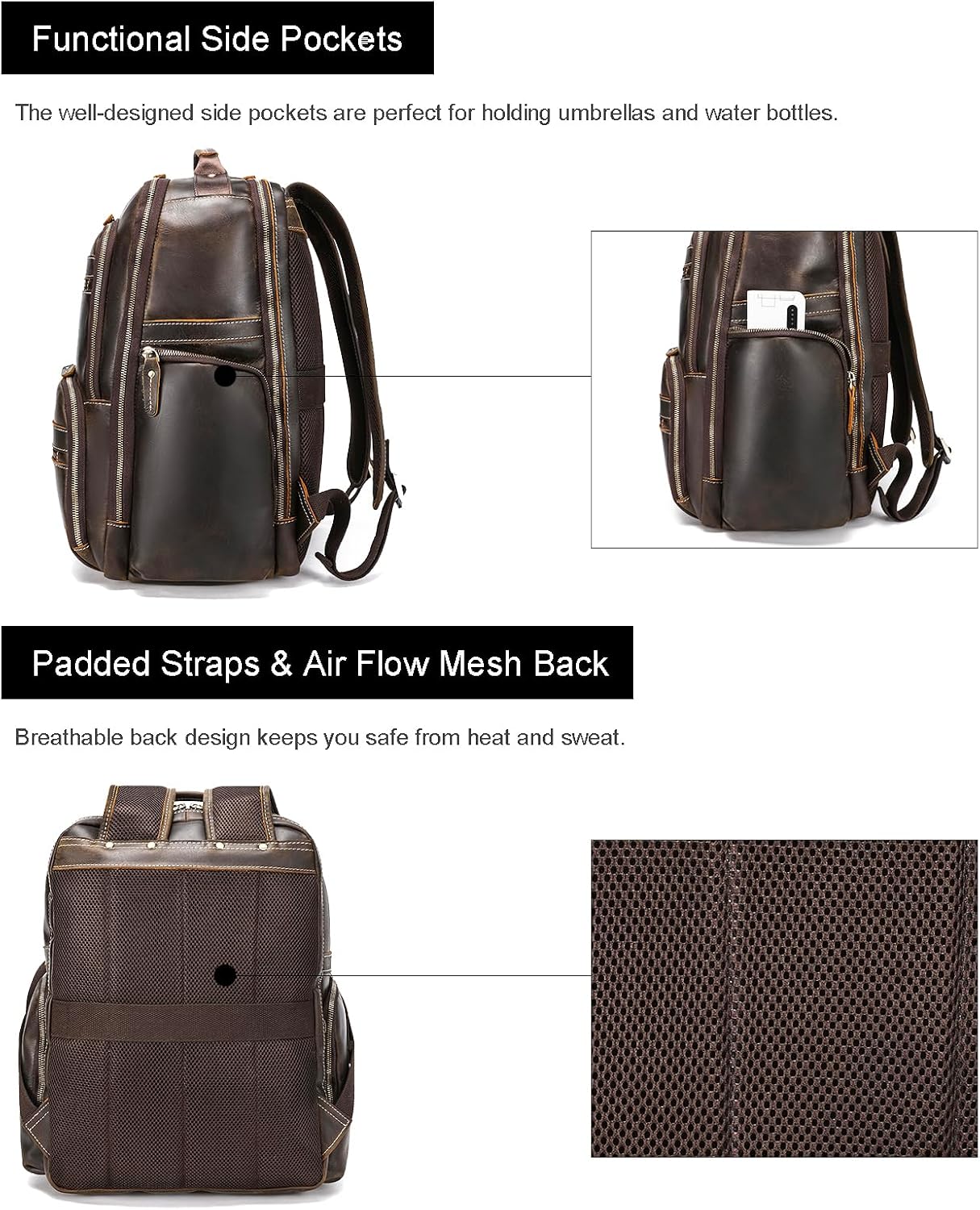 LANNSYNE Vintage Mens Full Grain Leather Backpack Fits 17.3 Inch Laptop, Large Casual Rucksack Shoulder Bag For Travel/Camping/Hiking-Brown