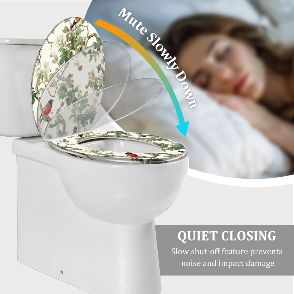 Elongated Toilet Seat Botanical Birds Floral Branches Vibrant Green Leaves Delicate Blooms Resin Toilet Seat Quietly Close Quick Release Hinges with Cover Bumpers Decorative Easy to Install Clean