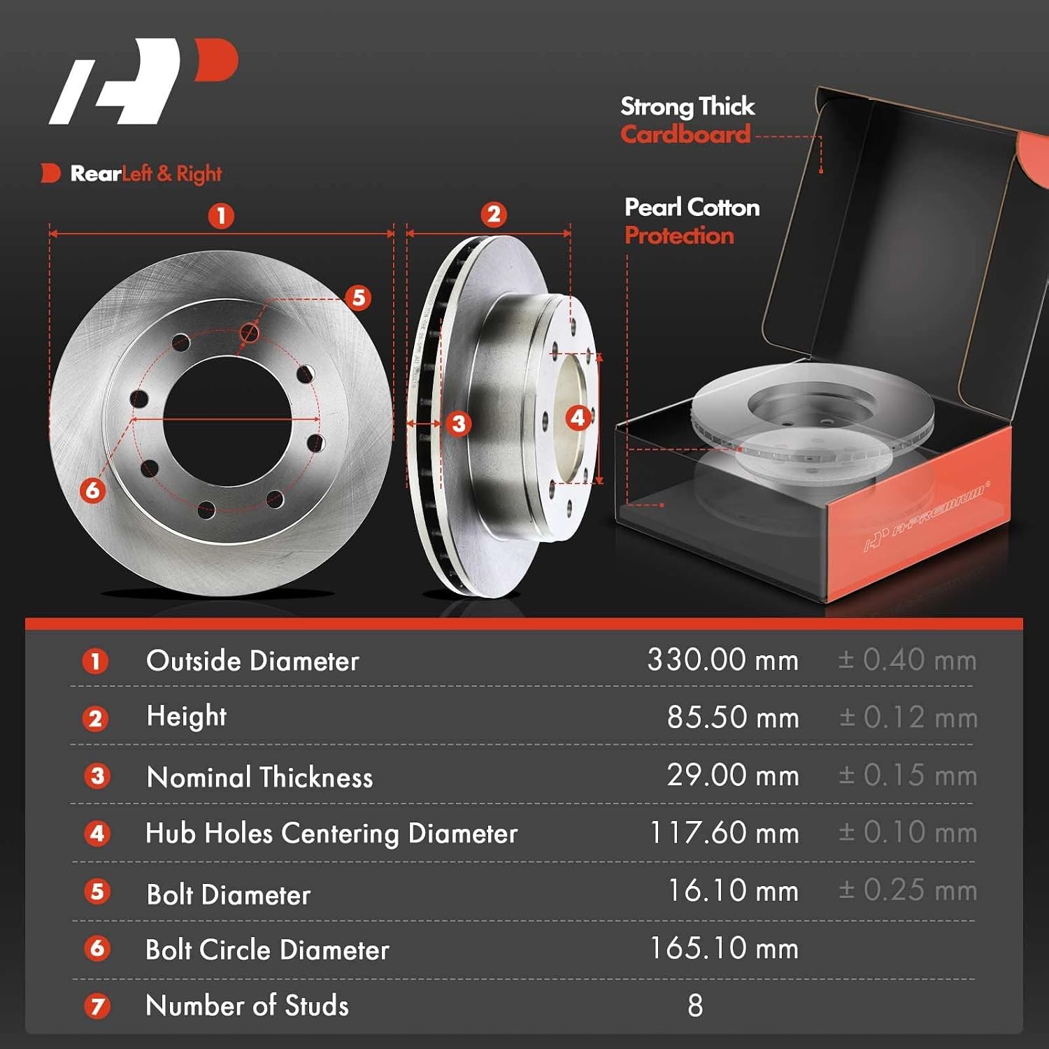 A-Premium 12.99 inch (330mm) Rear Vented Disc Brake Rotors + Ceramic Pads Kit Compatible with Select Chevy, GMC and Hummer Models - Silverado 1500 HD, 2500, Suburban, Sierra 1500, Yukon XL 2500, H2