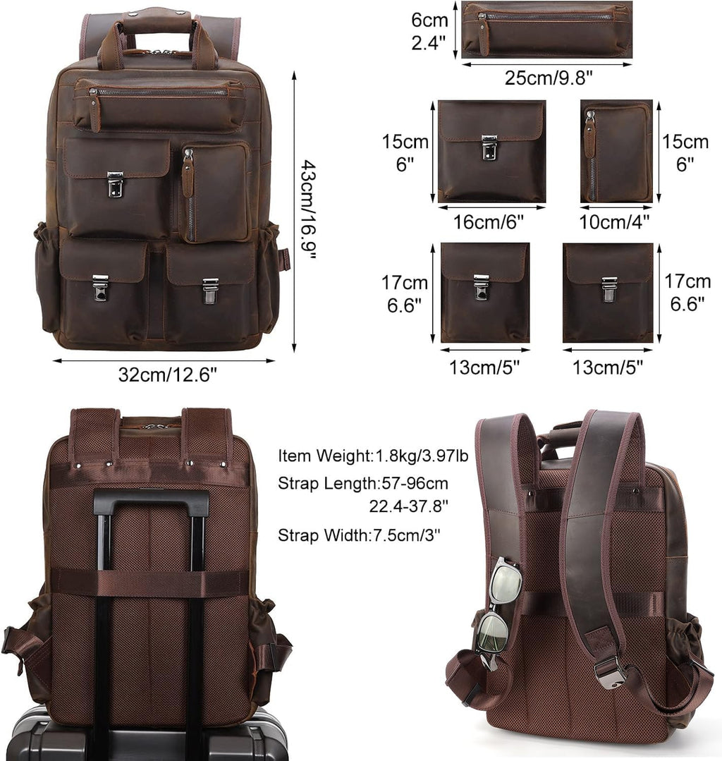 Masa Kawa Leather Backpack for Men Vintage 15.6 Inch Laptop Bag Multi Pockets Casual Work Travel Camping Daypack (deep brown)