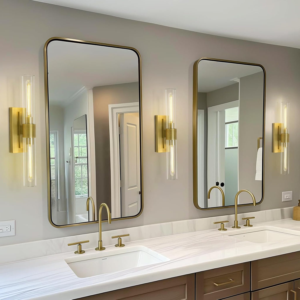 Brass Bathroom Vanity Light, 2-Light Bathroom Wall Sconce Over Mirror, 22.8' Gold Vanity Light for Bathroom, Dimmable Vanity Sconce with Glass Tube, Bathroom Linear Sconce Vertical & Horizontal, 1 PC
