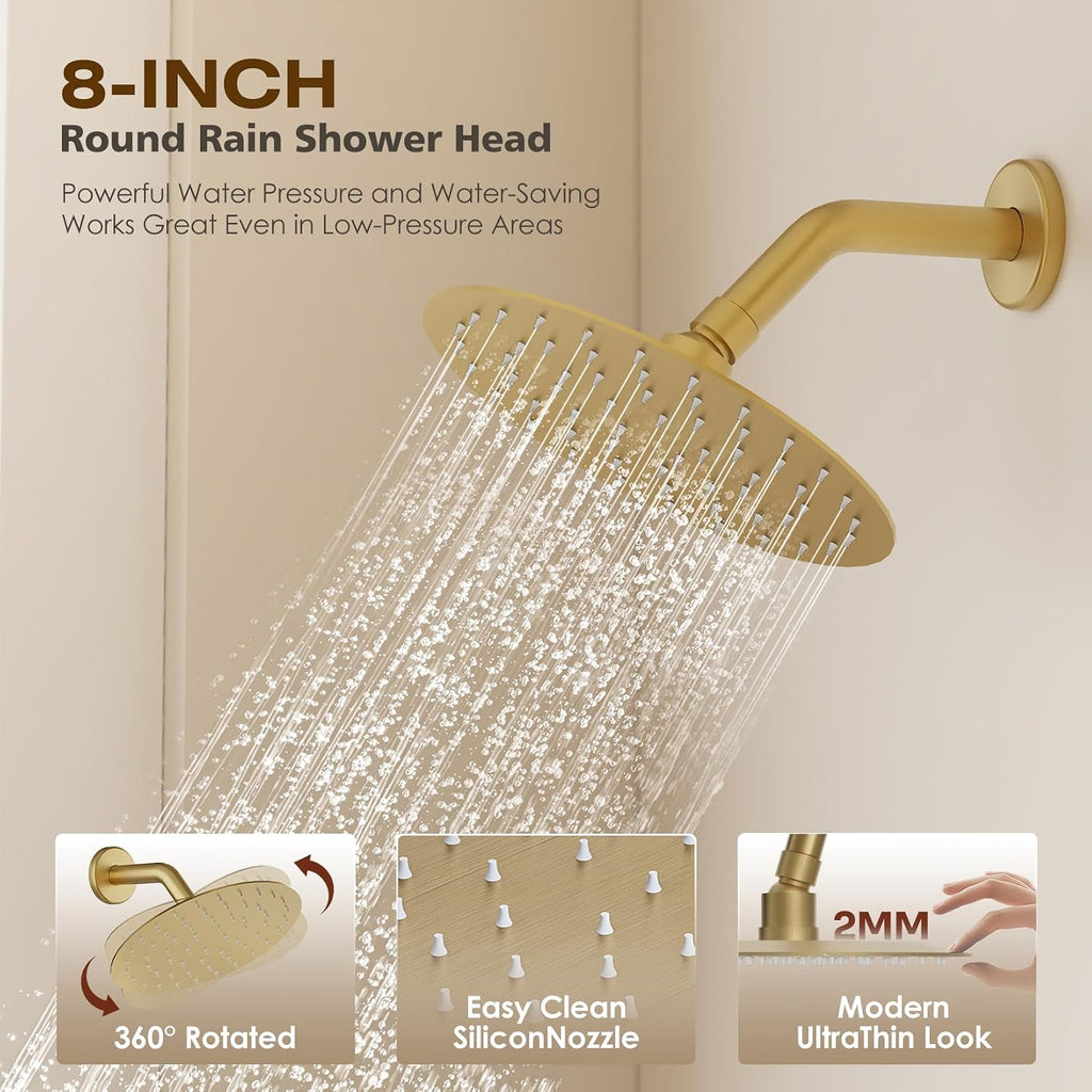 Brushed Gold Shower System with Tub Spout – 8-Inch Rain Shower Head & Filtered Handheld with 8 Spray Modes, Wall Mounted Bathroom Shower Combo Set
