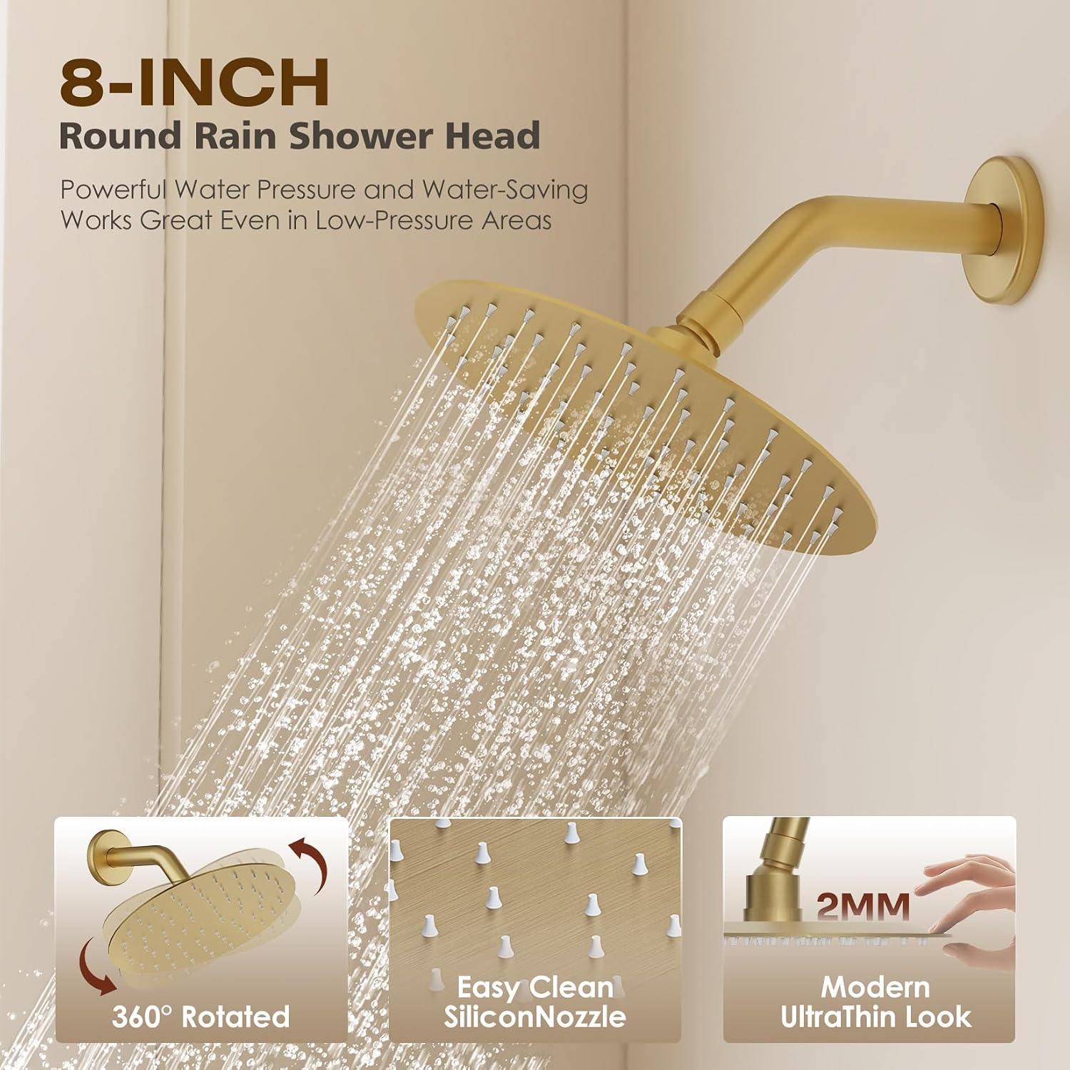 Brushed Gold Shower System with Tub Spout – 8-Inch Rain Shower Head & Filtered Handheld with 8 Spray Modes, Wall Mounted Bathroom Shower Combo Set