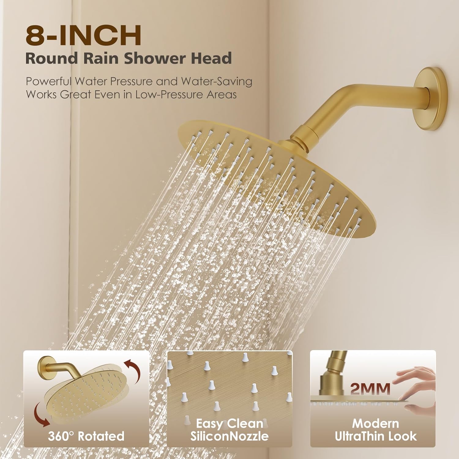 Brushed Gold Shower System, Bathroom Shower Combo Set with 8-Inch Rain Shower Head, 8-Spray Mode Filtered Handheld Shower Head, Wall Mounted with Rough-In Valve Body and Trim Included