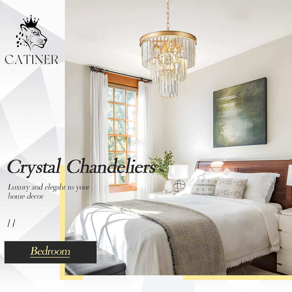 CATINER Gold Crystal Chandeliers 16' Modern 6-Light Small Pendant Light Luxury 3 Tiers K9 Crystal Ceiling Pendant Round Light Fixture for Dining Room Entryway Kitchen Bedroom Closet